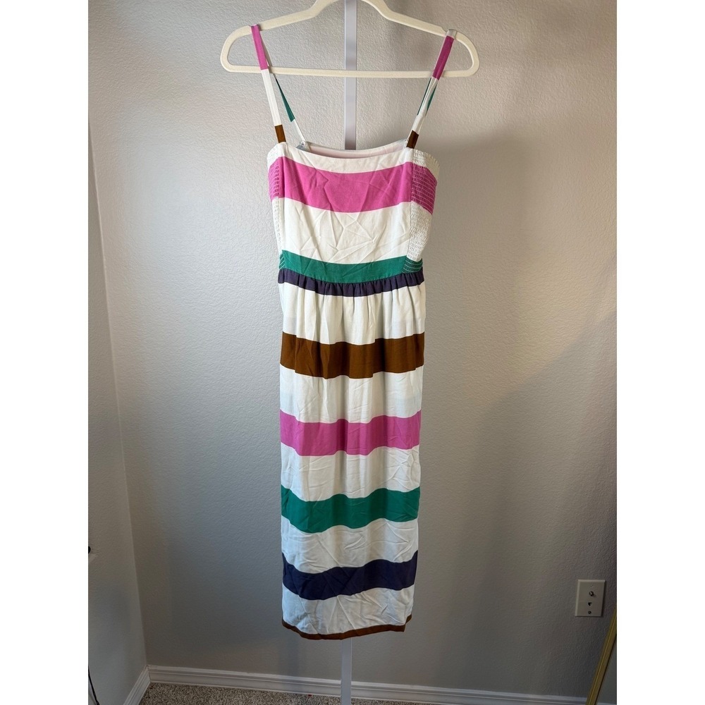 Corey Lynn Calter Anthropologie Striped Midi Dress Multi Smocked Pockets Small - Picture 2 of 9
